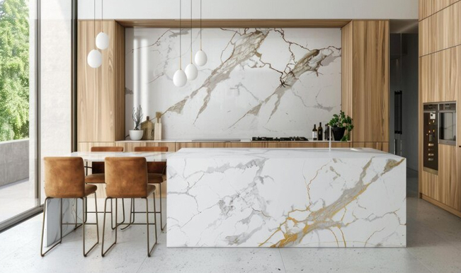 Tấm nhựa giả đá PVC là lựa chọn lý tưởng để ốp tường trang trí quầy bar mini hoặc đảo bếp